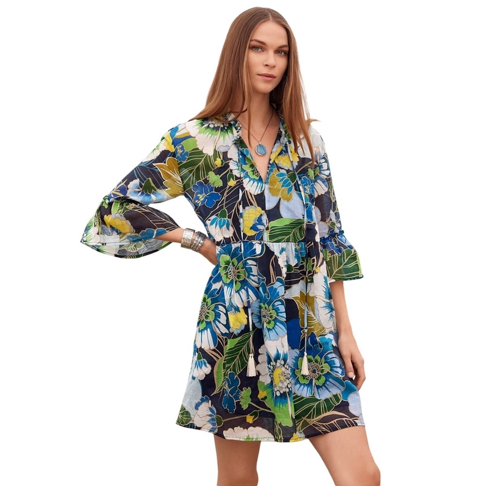 Johnny Was JENN Floral High Low Dress‎ M Boho Ramie Slip Lined Ruffle Sleeve